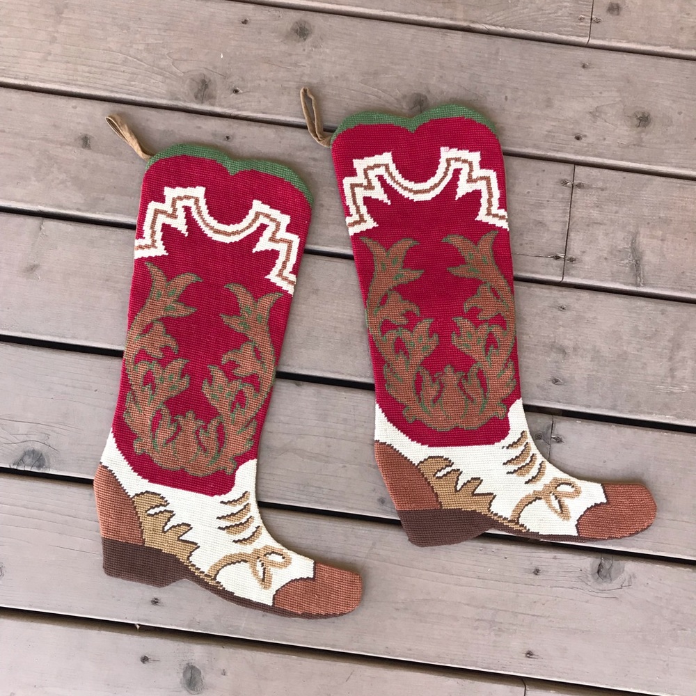 Pair of Needlepoint Cowboy Boot Christmas Stockings